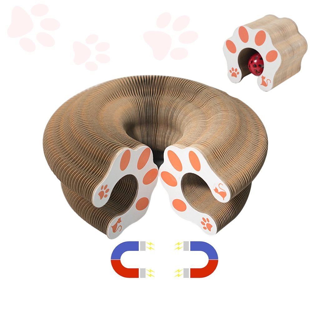 Magic Organ accordion cat scratcher in circular tunnel shape with paw-print end panels and included toy ball.